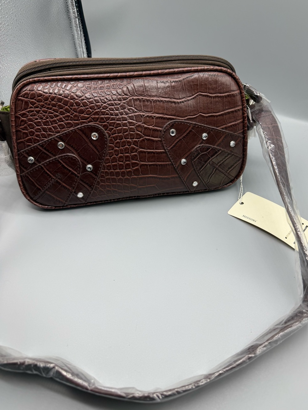 Missoni Croc-Embossed Dark Brown Crossbody Bag with Stud Accents
